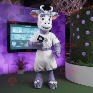 Lavender Zebu mascot costume character dressed with a Jumpsuit and Digital watches