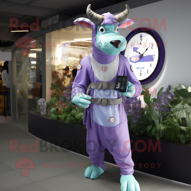 Lavender Zebu mascot costume character dressed with a Jumpsuit and Digital watches Lavender Zebu mascot costume character dressed with a Jumpsuit and Digital watches