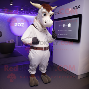 Lavender Zebu mascot costume character dressed with a Jumpsuit and Digital watches
