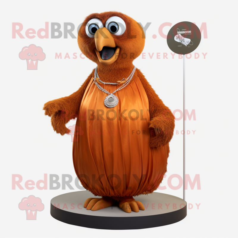 Rust Kiwi mascot costume character dressed with a Evening Gown and Necklaces