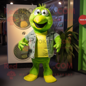 Lime Green Kiwi mascot costume character dressed with a Flare Jeans and Ties