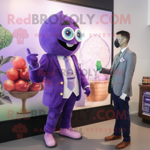 Lavender Grape mascot costume character dressed with a Blazer and Watches