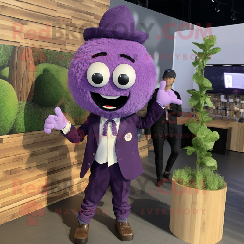 Lavender Grape mascot costume character dressed with a Blazer and Watches