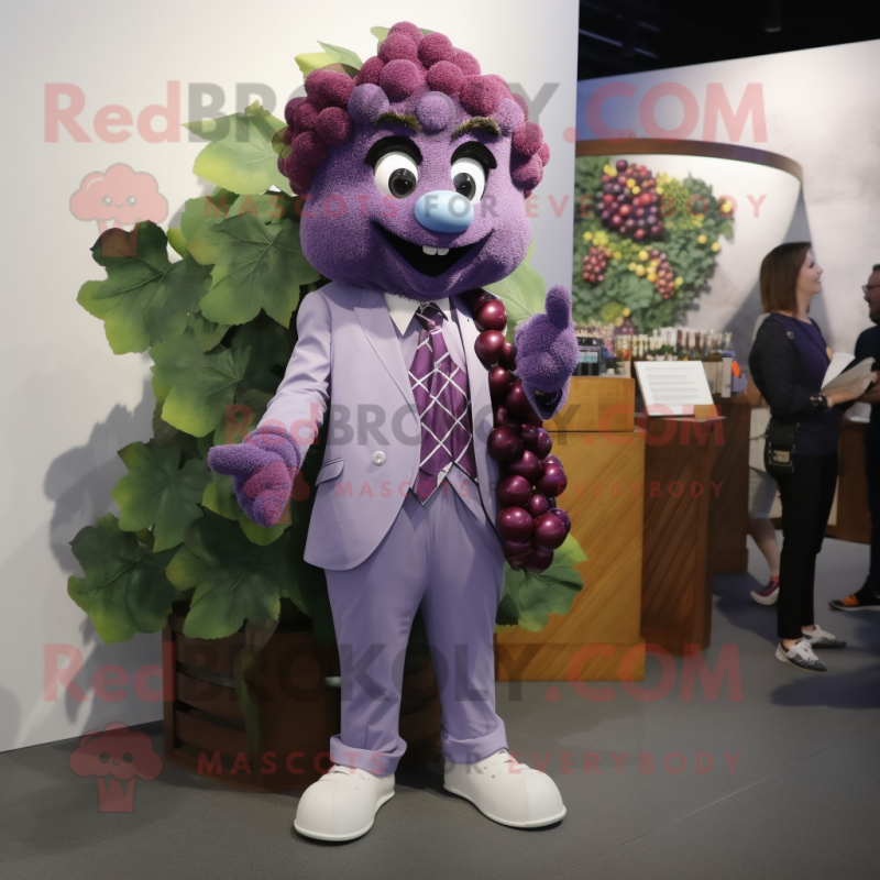 Lavender Grape mascot costume character dressed with a Blazer and Watches