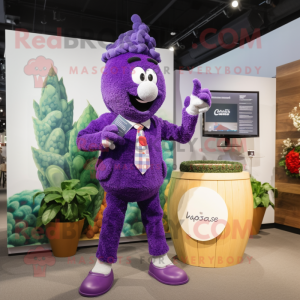 Lavender Grape mascot costume character dressed with a Blazer and Watches