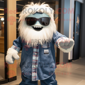 Navy Yeti mascot costume character dressed with a Flannel Shirt and Sunglasses