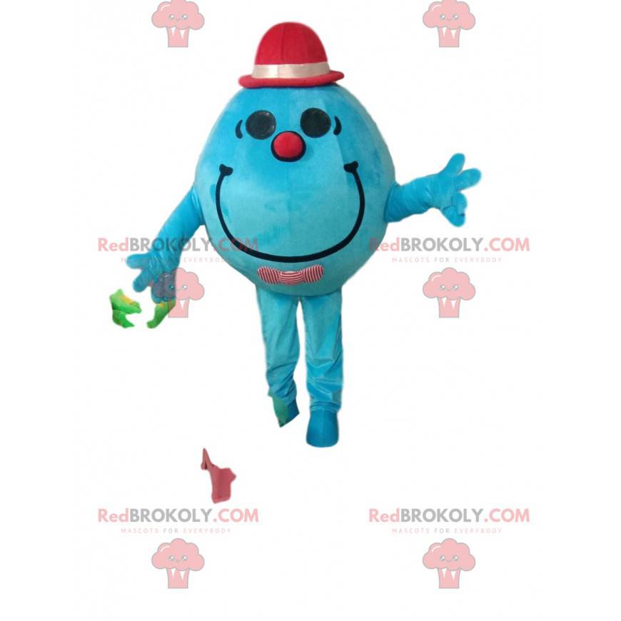 Mascotte de bonhomme rond turquoise avec un petit chapeau