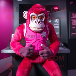 Magenta Chimpanzee mascot costume character dressed with a Tank Top and Cufflinks