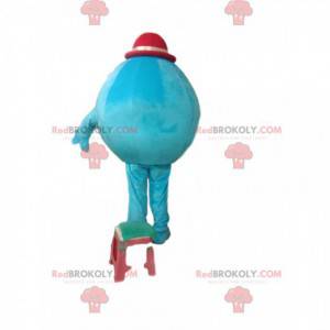 Ronde turkooise sneeuwpopmascotte met een kleine fuchsia hoed -