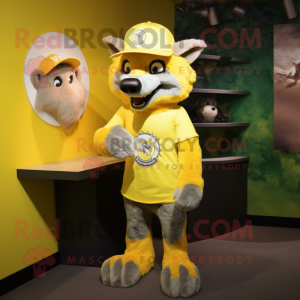 Lemon Yellow Wolf mascot costume character dressed with a Graphic Tee and Hats