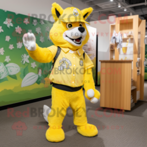 Lemon Yellow Wolf mascot costume character dressed with a Graphic Tee and Hats