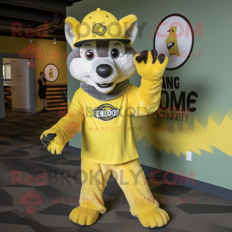 Lemon Yellow Wolf mascot costume character dressed with a Graphic Tee and Hats