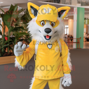 Lemon Yellow Wolf mascot costume character dressed with a Graphic Tee and Hats