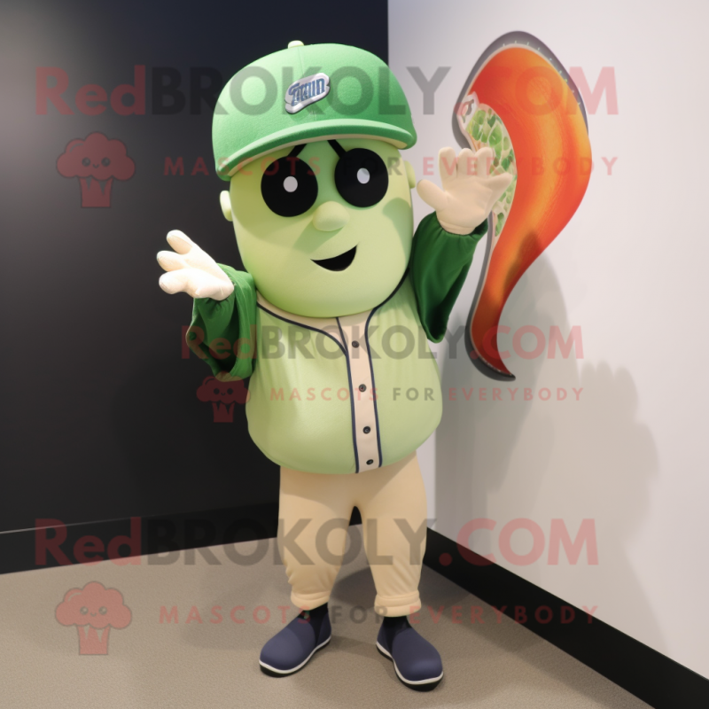 Navy Green Bean mascot costume character dressed with a Baseball Tee and Earrings Navy Green Bean mascot costume character dressed with a Baseball Tee and Earrings