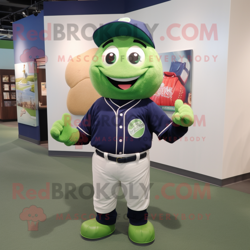 Navy Green Bean mascot costume character dressed with a Baseball Tee and Earrings Navy Green Bean mascot costume character dressed with a Baseball Tee and Earrings