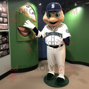Navy Green Bean mascot costume character dressed with a Baseball Tee and Earrings
