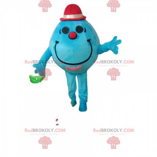 Mascotte de bonhomme rond turquoise avec un petit chapeau