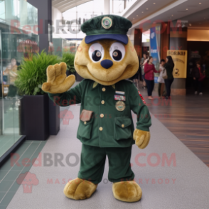 Forest Green Navy Soldier mascot costume character dressed with a Graphic Tee and Coin purses
