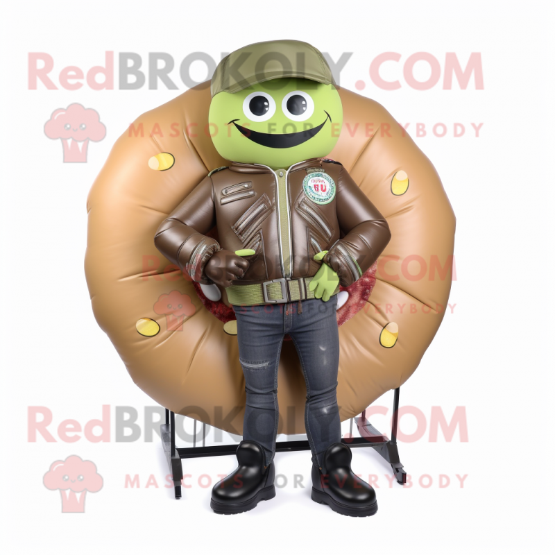 Olive Donut mascot costume character dressed with a Moto Jacket and Backpacks