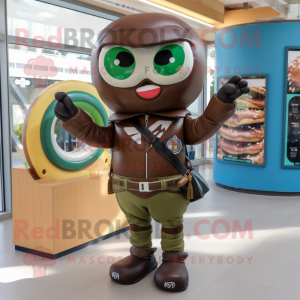 Olive Donut mascot costume character dressed with a Moto Jacket and Backpacks