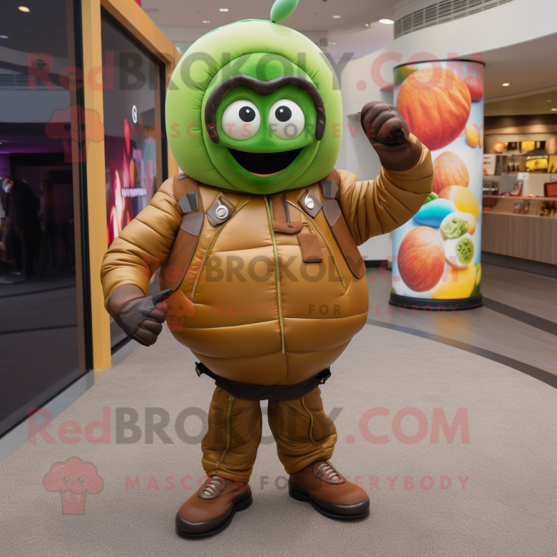 Olive Donut mascot costume character dressed with a Moto Jacket and Backpacks