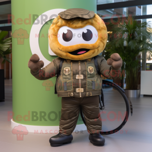 Olive Donut mascot costume character dressed with a Moto Jacket and Backpacks