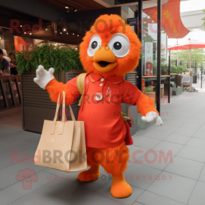 Orange Chicken mascot costume character dressed with a Playsuit and Tote bags