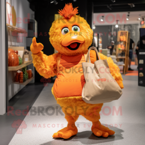 Orange Chicken mascot costume character dressed with a Playsuit and Tote bags
