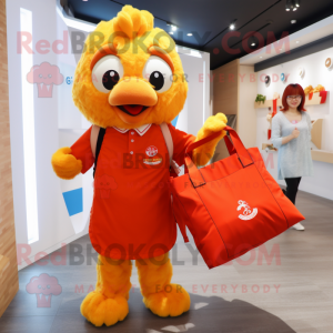 Orange Chicken mascot costume character dressed with a Playsuit and Tote bags