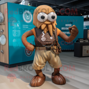 Brown Kraken mascot costume character dressed with a Board Shorts and Bracelet watches