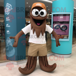 Brown Kraken mascot costume character dressed with a Board Shorts and Bracelet watches