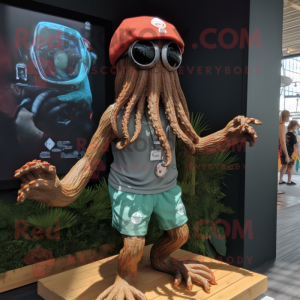 Brown Kraken mascot costume character dressed with a Board Shorts and Bracelet watches