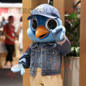 Brown Blue Jay mascot costume character dressed with a Denim Shorts and Cummerbunds