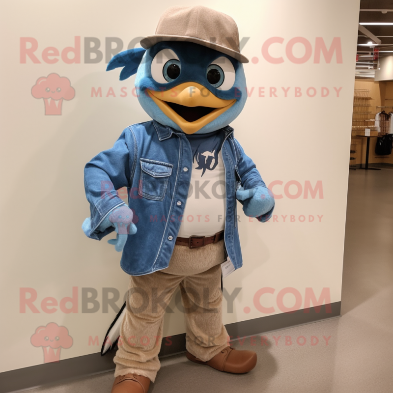 Brown Blue Jay mascot costume character dressed with a Denim Shorts and Cummerbunds Brown Blue Jay mascot costume character dressed with a Denim Shorts and Cummerbunds