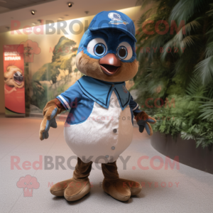 Brown Blue Jay mascot costume character dressed with a Denim Shorts and Cummerbunds