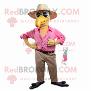 Gold Flamingo mascot costume character dressed with a Oxford Shirt and Hat pins