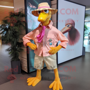 Gold Flamingo mascot costume character dressed with a Oxford Shirt and Hat pins