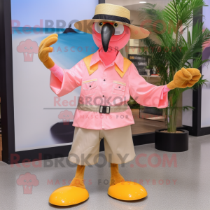 Gold Flamingo mascot costume character dressed with a Oxford Shirt and Hat pins