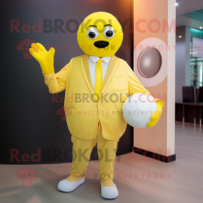 Lemon Yellow Handball Ball mascot costume character dressed with a Suit and Shawls