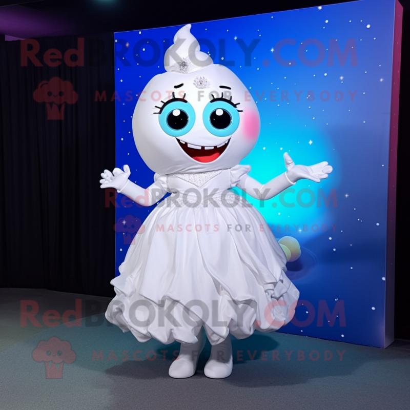 White Cupcake mascot costume character dressed with a Evening Gown and Shoe clips