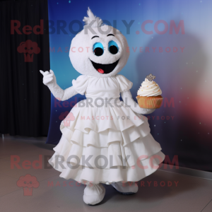 White Cupcake mascot costume character dressed with a Evening Gown and Shoe clips