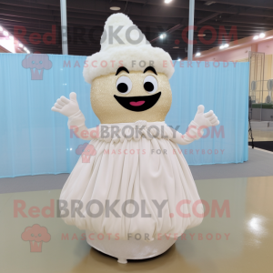 White Cupcake mascot costume character dressed with a Evening Gown and Shoe clips