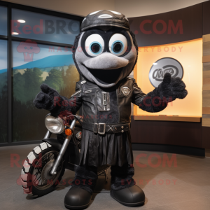 Black Bagels mascot costume character dressed with a Moto Jacket and Shawls