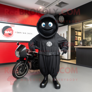 Black Bagels mascot costume character dressed with a Moto Jacket and Shawls