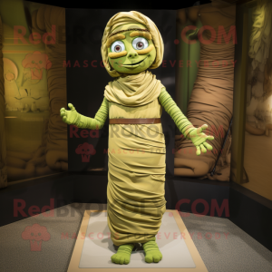 Olive Mummy mascot costume character dressed with a Wrap Dress and Anklets