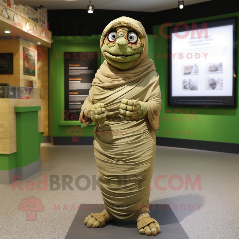 Olive Mummy mascot costume character dressed with a Wrap Dress and Anklets