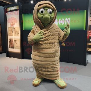 Olive Mummy mascot costume character dressed with a Wrap Dress and Anklets