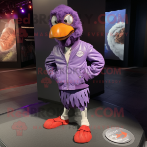 Purple Butter Chicken mascot costume character dressed with a Bomber Jacket and Shoe clips