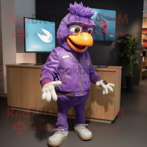 Purple Butter Chicken mascot costume character dressed with a Bomber Jacket and Shoe clips