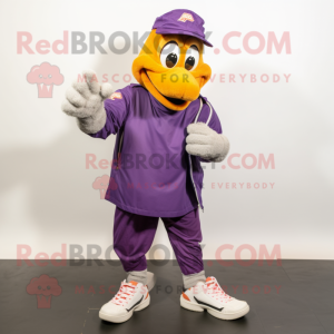 Purple Butter Chicken mascot costume character dressed with a Bomber Jacket and Shoe clips